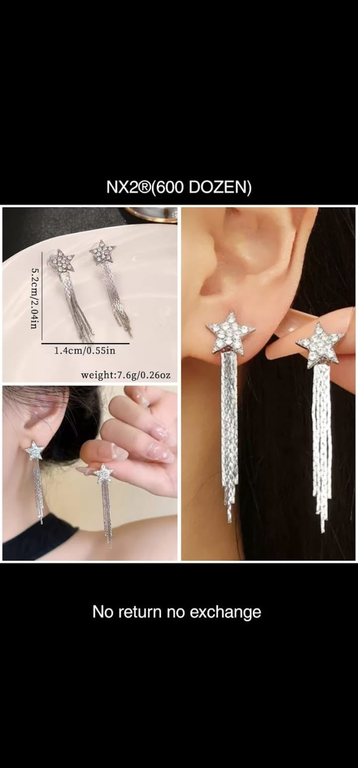 Silver Star Layer Chain Korean Earrings - 12 Pairs