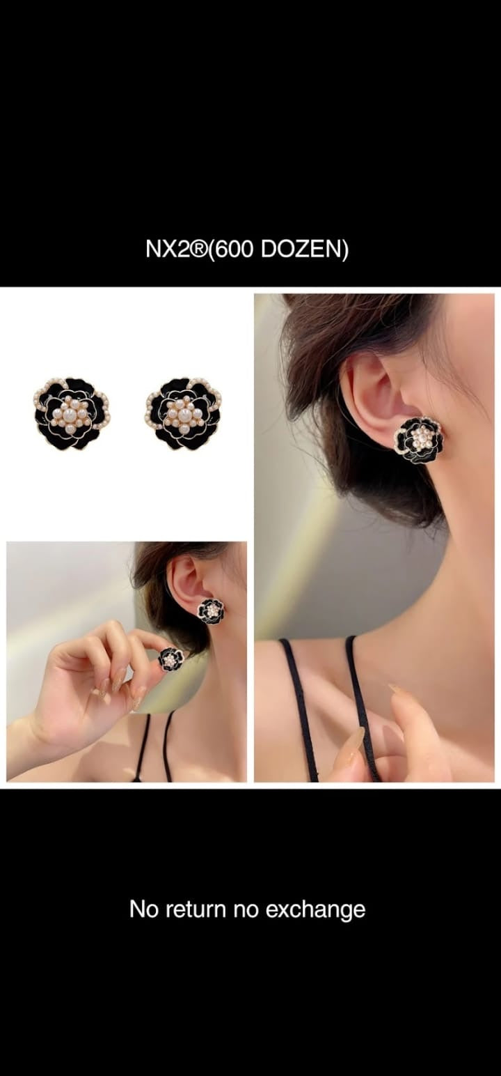 Korean Style Black Meena Flower Stud Earrings with Beads - Wholesale