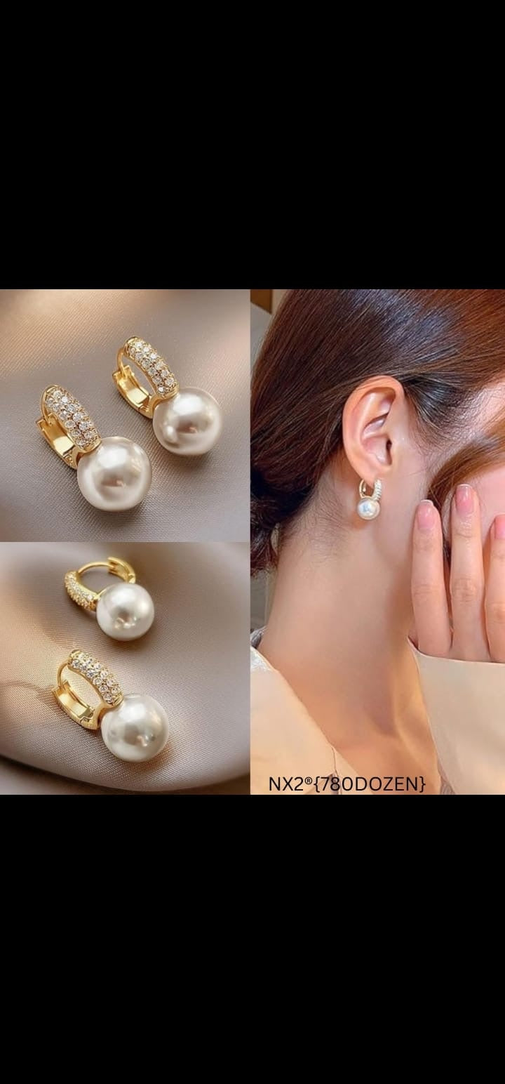 WKND Brand Golden Hoop White Pearl Korean Earrings - 12 Pairs