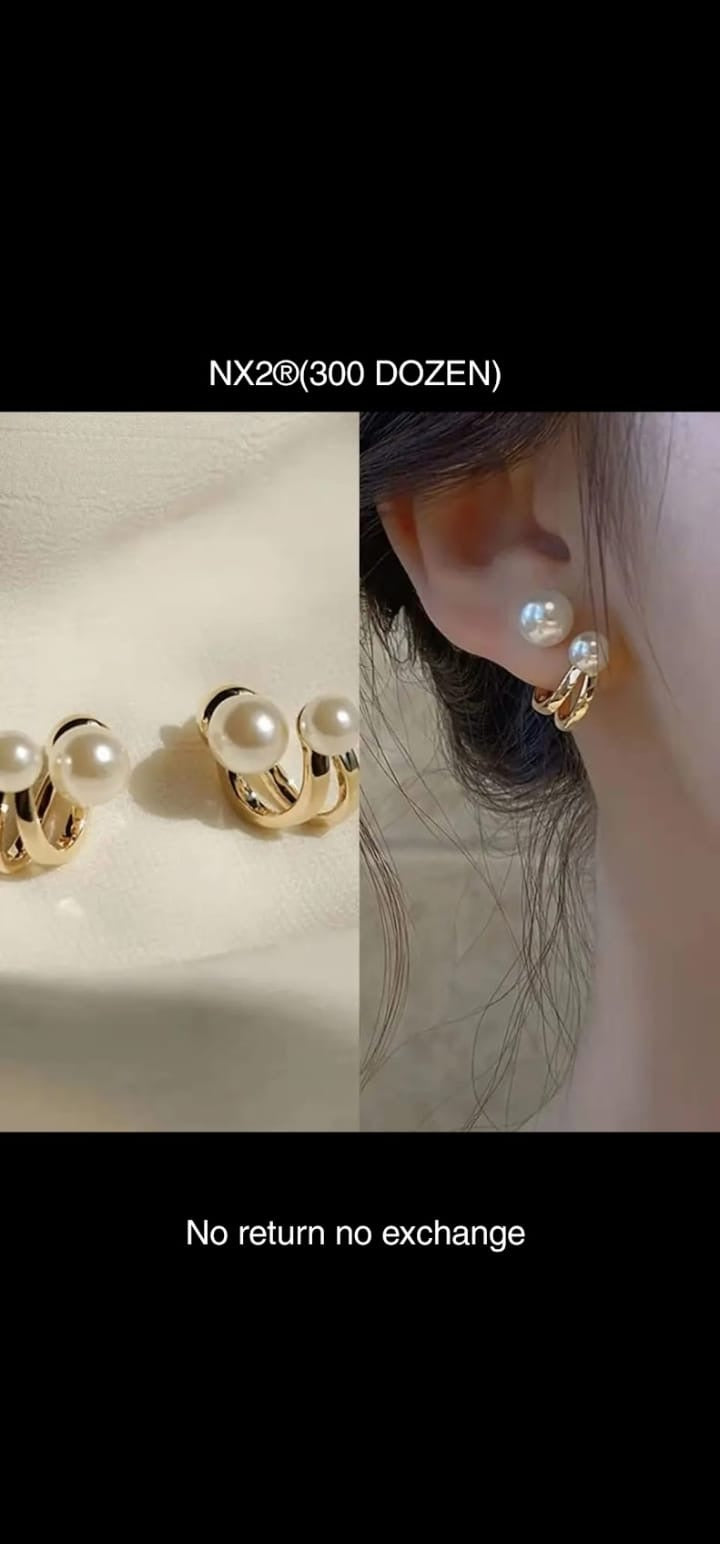 WKND Brand Golden C Shape Double White Pearl Korean Earrings - 12 Pairs