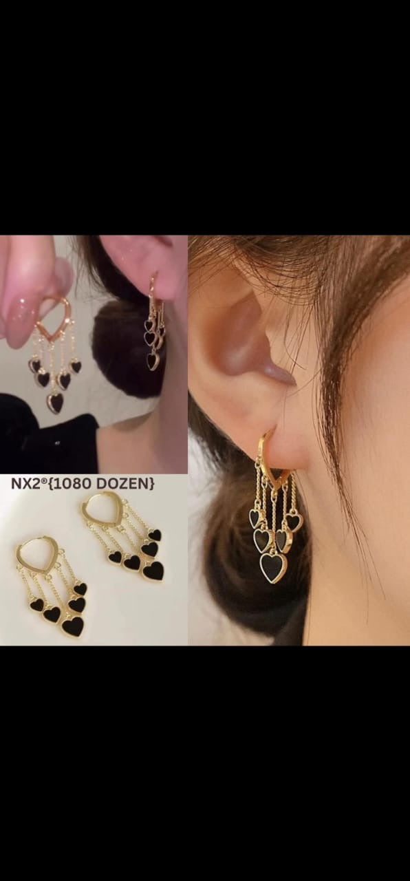 Lezara NX 5 Heart Black Meena Golden Base Korean Earrings - 12 Pairs