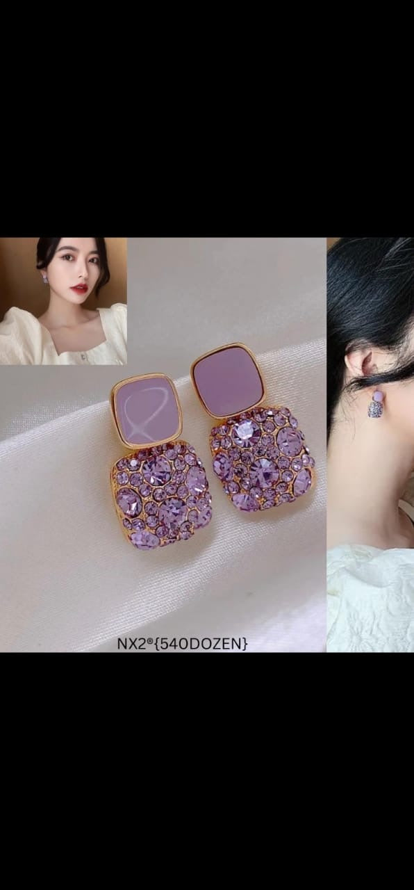 Purple Meena and Stone Stud Korean Earrings - 12 Pairs