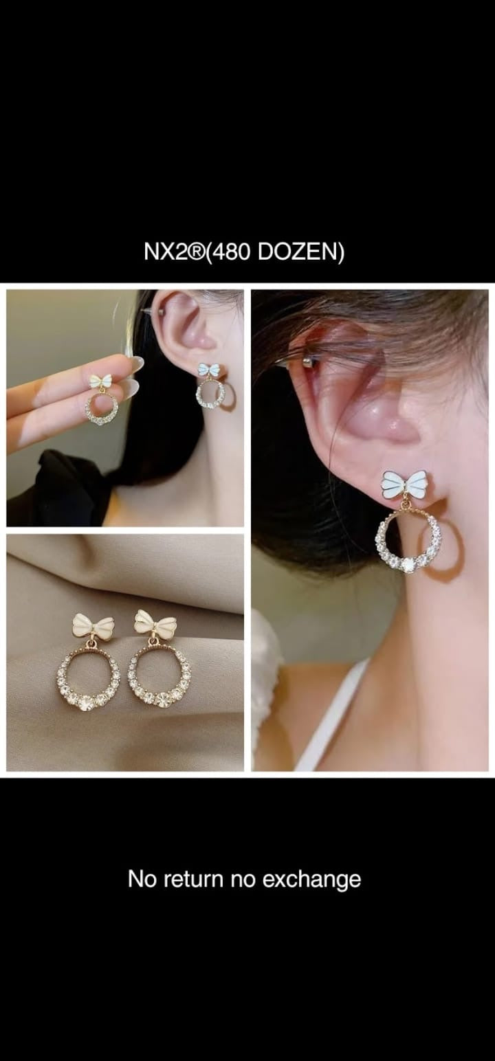 White Meena Tie Shape Round Korean Earrings