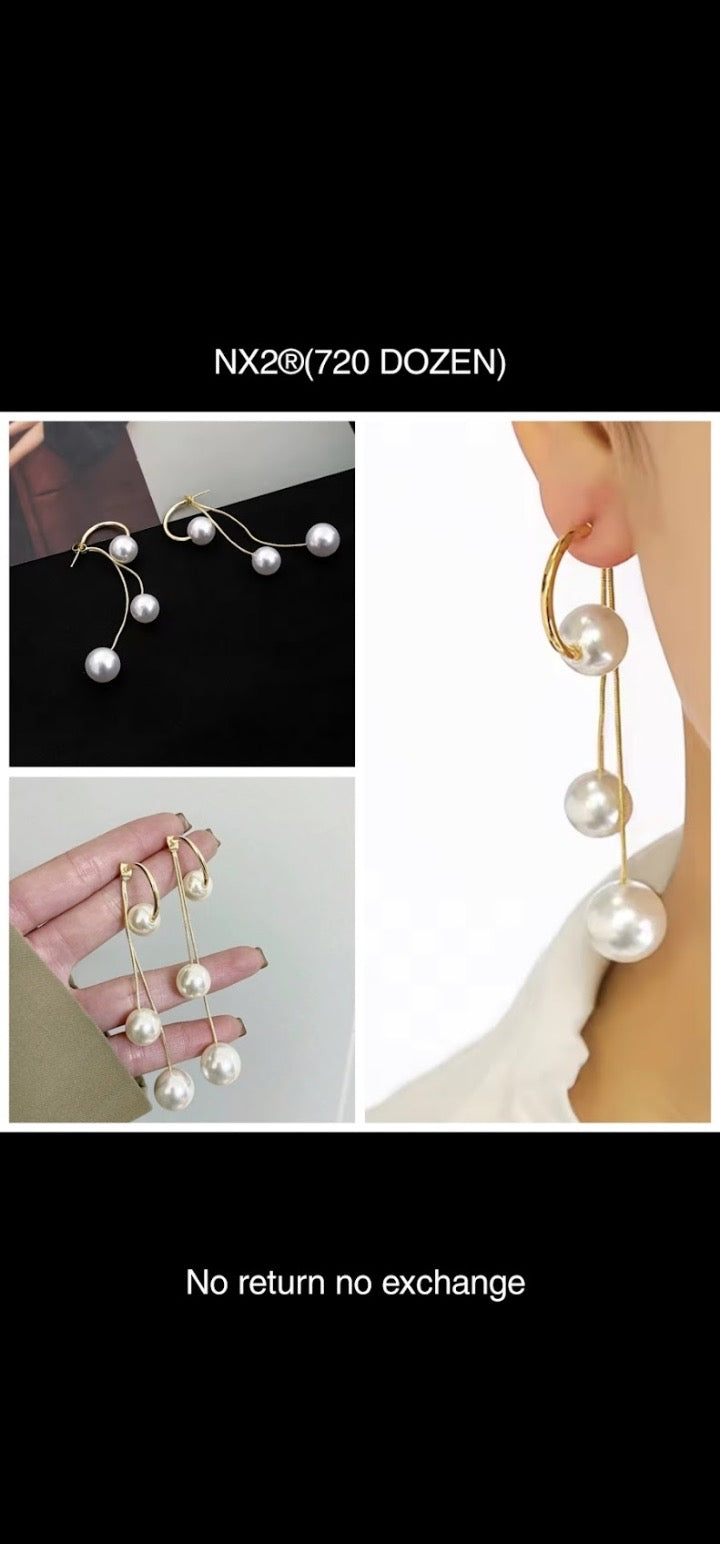 3 White Pearl Layers Chain Korean Earrings - 12 Pairs