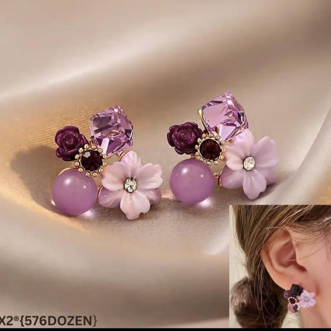 Purple Beads Flower Stone Korean Earrings - Floral Charm