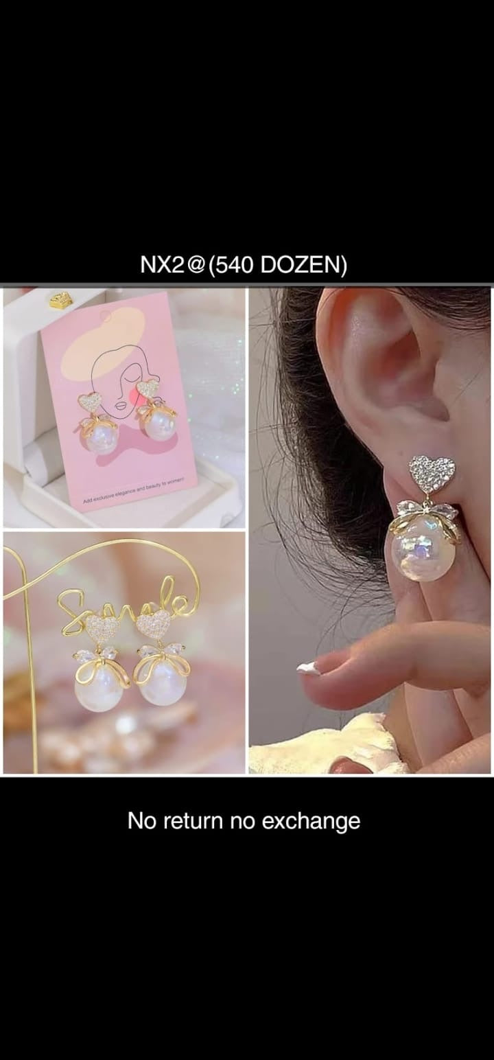 Small Heart with Pearl Stud Korean Earrings - 12 Pairs