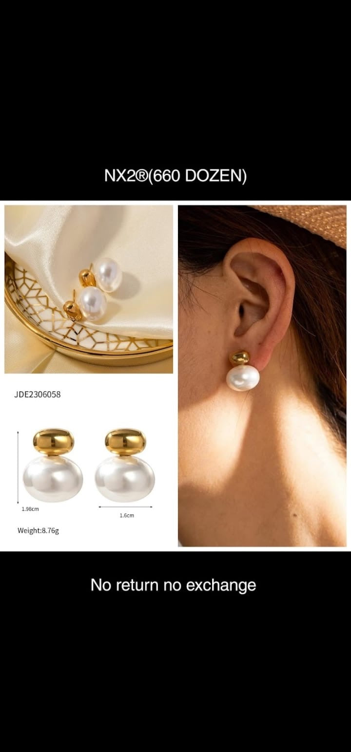 Golden White Pearl Stud Korean Earrings - 12 Pairs