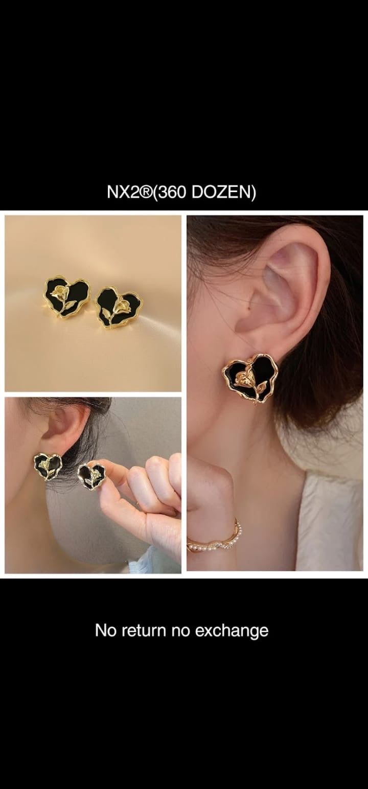 Korean Style Black Heart with Golden Flower Earrings - Wholesale