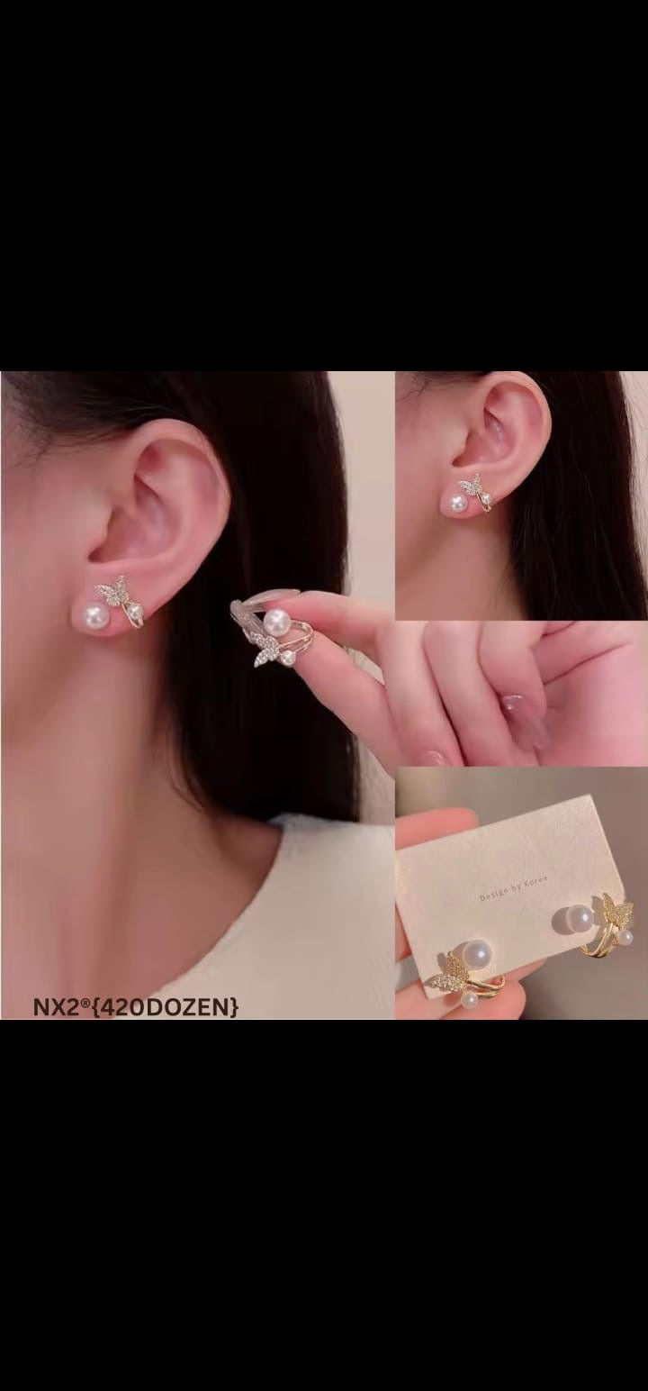 Korean Style Butterfly Stud Earrings with 2 Beads - Wholesale