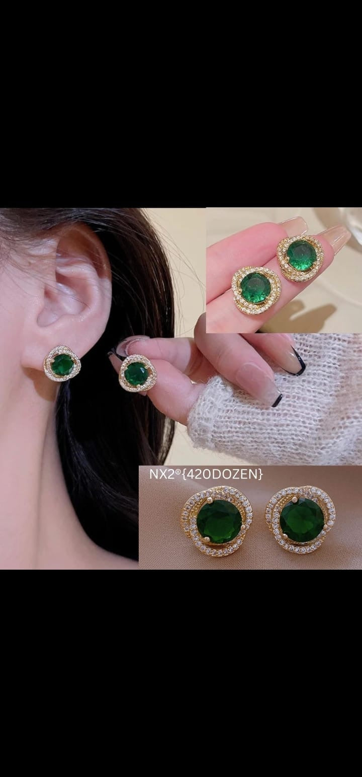 Korean Style Green Stone Round Stud Earrings - Wholesale