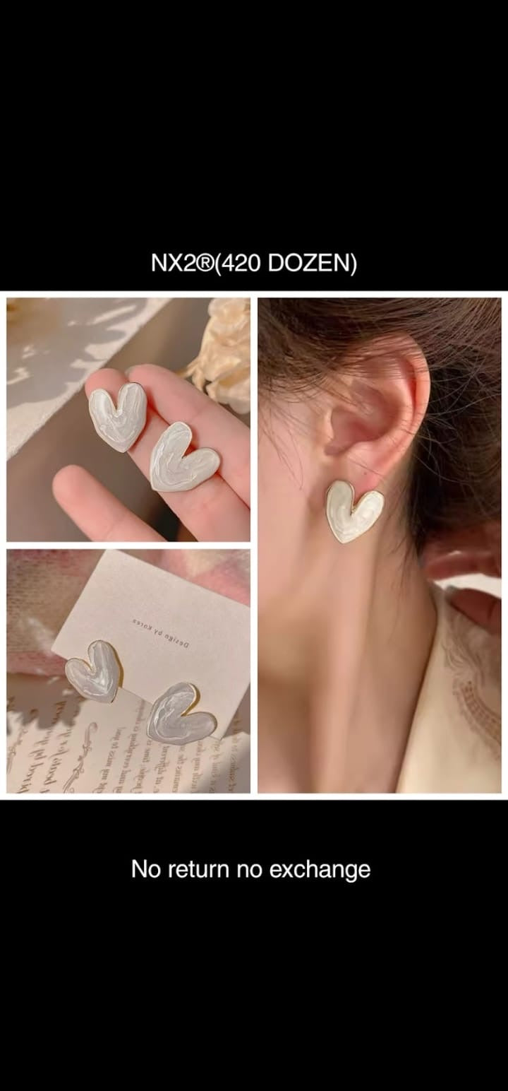 Korean Style Heart Shaped Flat Off-White Stud Earrings - Wholesale