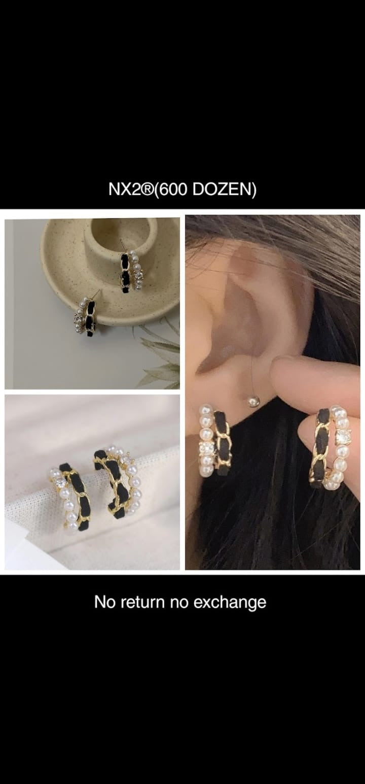 Korean Style: Black Stone and White Beads Stone Hoop Earring