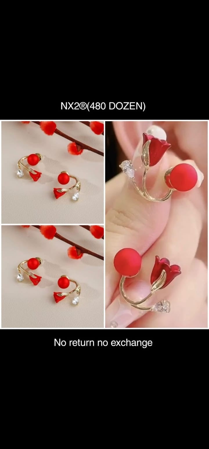 Korean Style Red Flower Stud Earrings - Wholesale