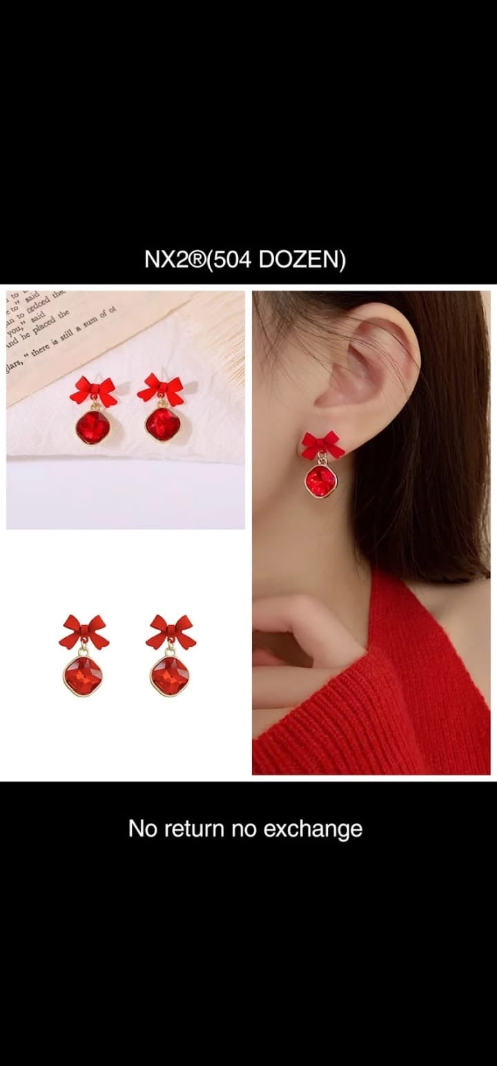 Red Tie with Stone Stud Korean Earring