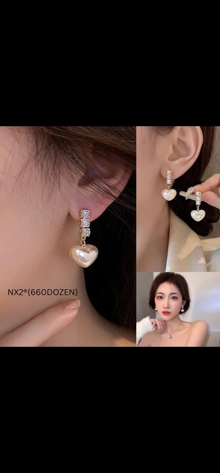 Korean Style 3 Stone Heart Pearl Stud Earrings - Wholesale