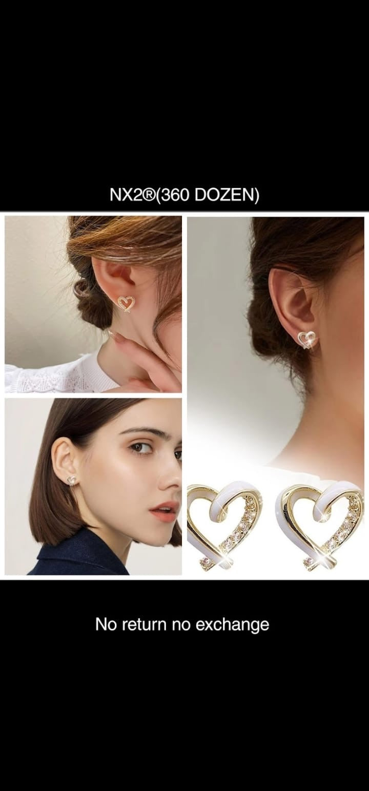 White Meena with Stone Heart Stud Korean Earring