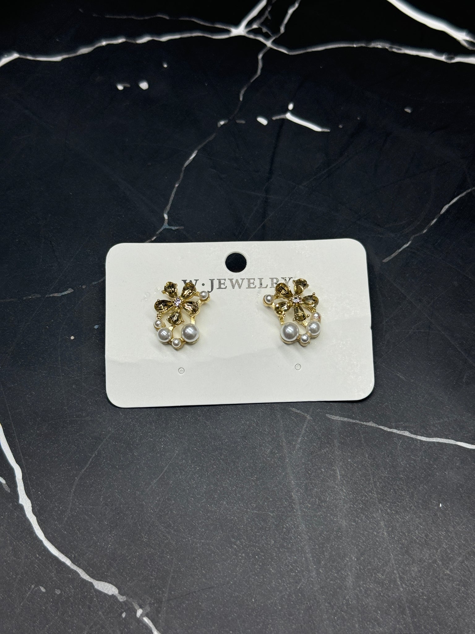 Korean Design White Beads Golden Stone Stud Earring